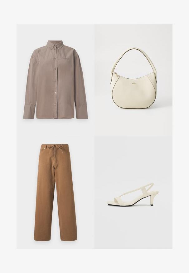 Camicia button-up in cotone marrone chiaro con colletto, maniche lunghe e chiusura con bottoni frontale. Presenta dettagli cuciti e logo.; Pantaloni larghi marroni in cotone, con vita elasticizzata e due tasche frontali. Tessuto strutturato con una finitura liscia.; Sandali con tacco a blocco beige, con sottili cinturini e punta quadrata. Materiale liscio con dettagli minimi, progettati per un facile utilizzo.; Borsa color crema con una finitura testurizzata, forma curva, manico corto e dettaglio del logo in tonalità oro. Chiusura con zip nella parte superiore.