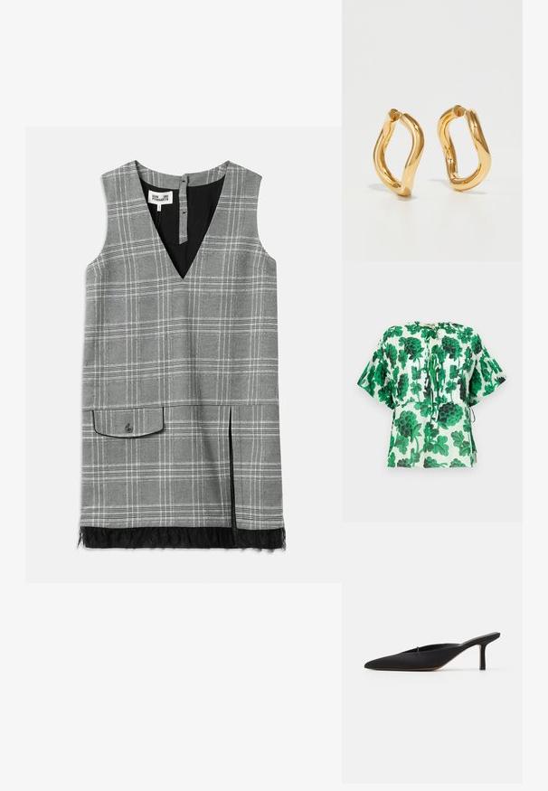 Rövid ujjú blúz zöld és fekete levélmintával egy világos háttéren. Kerek nyakkivágással és húzózsinóros részletekkel a deréknál.; Szürke kockás, ujjatlan ruha V-nyakkal, oldalsó zsebbel és csipke díszítéssel az alján. Fekete bélés és gombos zárás található a hátsó részen.; Fekete, hegyes orrú mules, elegáns dizájnnal, sima textíliából készült, karcsú sarokkal és nyitott hátsó résszel a könnyű felvétele érdekében.; Aranyszínű karikafülbevalók íves, szabálytalan formával és sima, fényes felülettel. Nincsenek látható hardverek vagy díszítések.