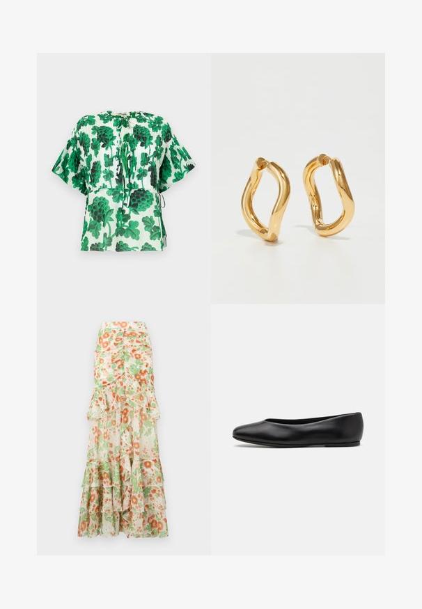 Rövid ujjú blúz zöld és fekete levélmintával egy világos háttéren. Kerek nyakkivágással és húzózsinóros részletekkel a deréknál.; Virágmintás maxi szoknya, krém alapszínnel, narancs és zöld virágmintával, fodros rétegekkel és testhez álló derékkal.; Paul Smith TOPANGA - Balerina cipők - black; Aranyszínű karikafülbevalók íves, szabálytalan formával és sima, fényes felülettel. Nincsenek látható hardverek vagy díszítések.