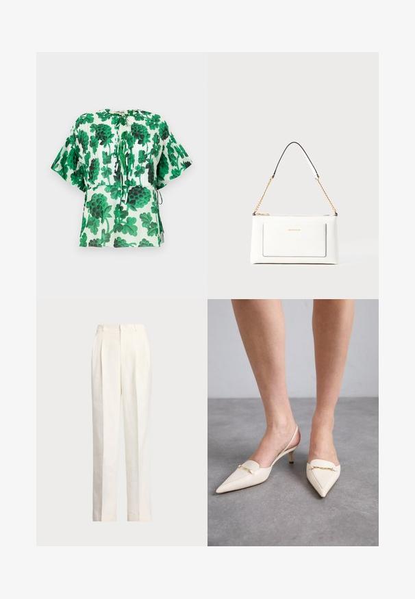 Blusa de mangas curtas com um padrão de folhas verdes e pretas num fundo claro. Apresenta um decote redondo e detalhes com cordão na cintura.; Polo Ralph Lauren HEMP WIDE LEG PANT - Calças - nevis; Sapatos de salto slingback em tom bege cremoso, com bico fino e salto médio elegante, apresentando um detalhe em corrente dourada na parte superior e textura de couro suave.; Bolsa de mão branca em couro com acabamento texturizado, featuring a corrente dourada e detalhes pretos. Inclui um bolso frontal e fecho com zipper.