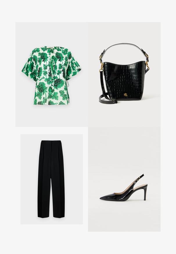 Short-sleeve blouse with a green and black leaf pattern on a light background. Features a round neckline and drawstring details at the waist.; Black wide-leg trousers with a high waist, featuring pleats and a smooth texture. The fabric appears lightweight and drapes elegantly.; Black patent leather slingback pump with pointed toe, slim heel, and a subtle cutout design. Features a gold buckle on the strap.; Black croc-embossed leather bag with a curved shape, gold hardware accents, an adjustable strap, and a logo detail at the front.