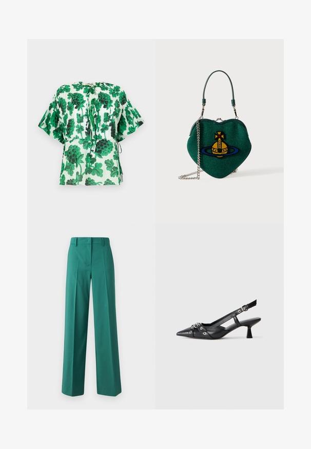 Bluzka z krótkim rękawem w zielono-czarny wzór liści na jasnym tle. Posiada okrągły dekolt oraz sznurek w talii.; Zielone szerokie spodnie z gładkiego materiału, o dopasowanym kroju, z przodu z fałdami i dwoma kieszeniami.; Czarne skórzane buty typu slingback z ostrym noskiem, ozdobnymi paskami z metalowymi oczkami oraz niskim klinowym obcasem. Teksturowana powierzchnia.; Zielona torebka w kształcie serca z żółto-niebieskim emblematem planety, krótkim uchwytem i srebrnym łańcuszkiem na białym tle.