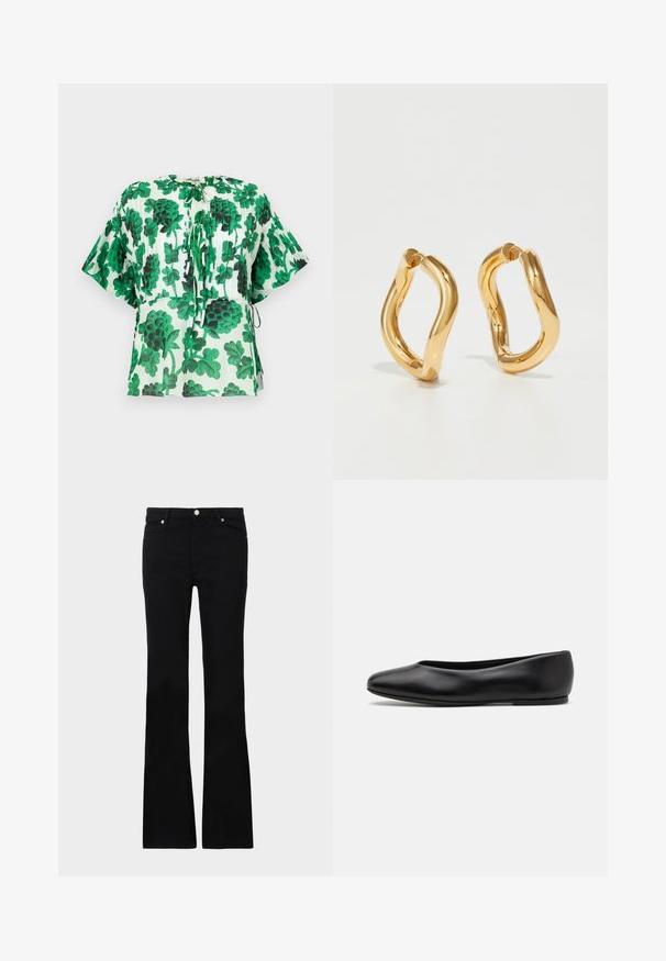 Lyhythihainen paita, jossa on vihreä ja musta lehtikuosi vaalealla taustalla. Ominaisuuksiin kuuluu pyöreä pääntie ja naruvedot vyötäröllä.; Mustat levenevät farkut, valmistettu denimi- materiaalista, varustettu kahdella etutaskulla, napin sulkimella ja sileällä pinnalla. Alussa näkyviä erityisompeleita.; Paul Smith TOPANGA - Ballerinat - black; Kullanışlı ve pürüzsüz bir dokuya sahip, kıvrımlı ve düzensiz bir şekle sahip altın rengi halka küpeler. Görünür donanım veya aksan yok.