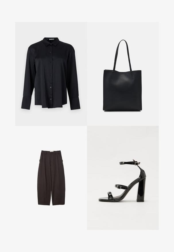 Czarna koszula zapinana na guziki, wykonana z gładkiego materiału, z kołnierzykiem, długimi rękawami i luźnym krojem z sześcioma guzikami z przodu.; Czarne spodnie o szerokich nogawkach wykonane z gładkiego materiału, z wysokim stanem, plisami z przodu i bocznymi kieszeniami. Prosty fason bez zdobień.; Czarne lakierowane sandały na obcasie z kwadratowym noskiem, z paskami wokół kostki i srebrnymi klamrami. Posiadają masywny słupek dla stabilności.; Czarna skórzana torba tote o gładkiej fakturze, prostokątnym kształcie i dwóch długich uchwytach. Brak widocznych elementów metalowych i ozdób.