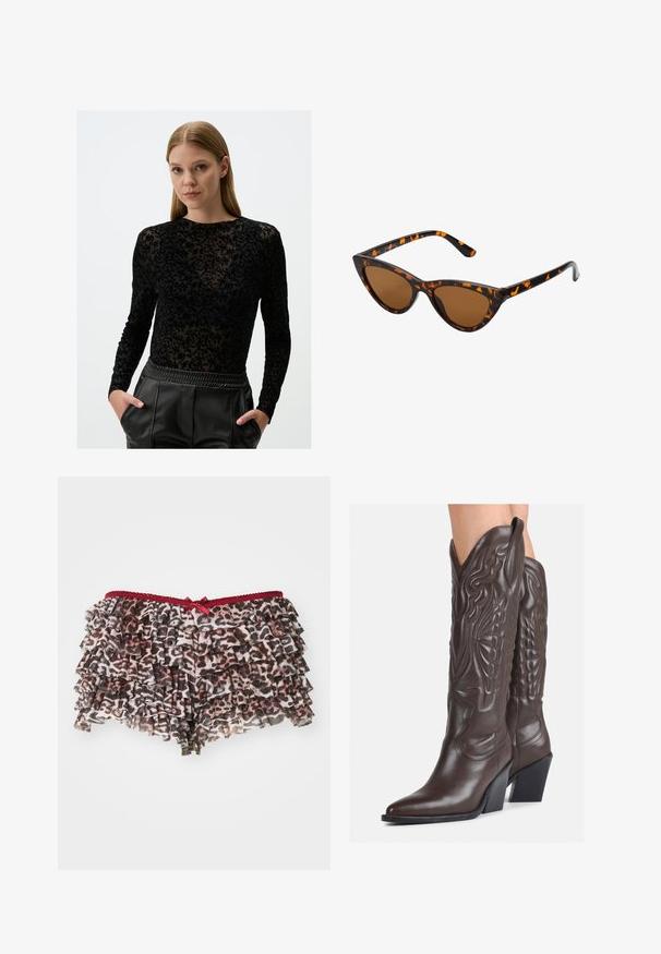 Jimmy Key - Bluzka; Kwiatowe szorty w lamparcie cętki z warstwowymi falbanami, posiadające czerwony koronkowy pasek w talii i małą kokardkę z przodu.; Brązowe skórzane kowbojki z noskiem w kształcie migdała i blokowym obcasem, z detalicznym przeszyciem i podniesionymi akcentami na cholewce.; Okulary przeciwsłoneczne w kształcie kocich oczu z czarno-pomarańczową oprawą w deseń żółwia, brązowymi soczewkami i eleganckimi, spiczastymi końcówkami. Posiadają minimalistyczne logo na zauszniku.; Złota torba na ramię ma teksturowaną tkaninę z okrągłymi metalowymi ćwiekami, trójkątną płytkę z logo oraz łańcuchowy pasek z okrągłymi metalowymi oczkami.