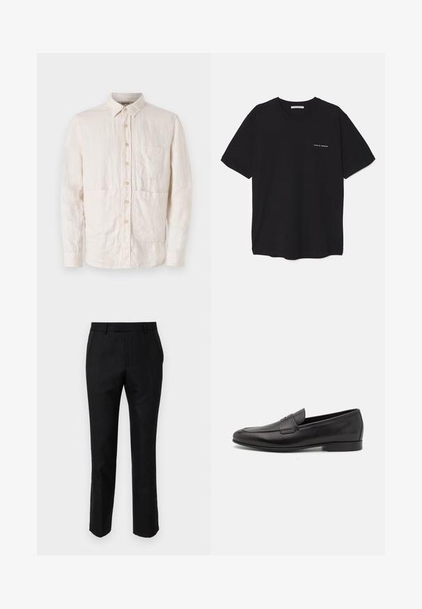 Hellbeige Hemd mit Knopfleiste aus strukturierter Stoff. Verfügt über einen Kragen, sieben Vorderknöpfe und zwei aufgesetzte Taschen auf der Vorderseite.; Schwarzes Baumwoll-T-Shirt mit Rundhalsausschnitt, kurzen Ärmeln und weißem Logodruck auf der linken Brust. Einfaches, einfarbiges Design.; Schwarze, taillierte Hose mit schmalem Schnitt, ausgestattet mit Seitentaschen und einer glatten Textur. Die Säume sind sauber verarbeitet.; Schwarze Leder-Herrenloafer mit niedrigem Absatz und klassischem Penny-Riemen-Design, seitlich auf einem weißen Hintergrund dargestellt.