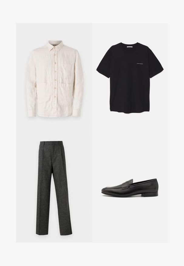 Jasno beżowa koszula zapinana na guziki, wykonana z teksturowanej tkaniny. Posiada kołnierzyk, siedem guzików z przodu oraz dwie naszywane kieszenie z przodu.; Czarny bawełniany T-shirt z okrągłym dekoltem, krótkimi rękawami i białym nadrukiem logo na lewej piersi. Prosty, jednolity kolor.; Szare spodnie o dopasowanym kroju wykonane z teksturowanej tkaniny, z dwoma fałdami z przodu i prostymi nogawkami. Brak widocznych kieszeni i zdobień.; Czarne skórzane loafersy o eleganckim designie, z zaokrąglonym noskiem i niskim, warstwowym obcasem. Posiadają dekoracyjny detal w postaci szwu na cholewce.
