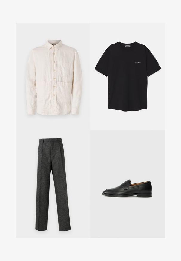 Svetlo béžová košeľa na gombíky vyrobená z textúrovanej látky. Obsahuje golier, sedem predných gombíkov a dve predné náprsné vrecká.; Čierne bavlnené tričko s okrúhlym výstrihom, krátkymi rukávmi a bielou potlačou loga na ľavej hrudi. Jednoduchý, jednoliaty dizajn.; Sivé úzke nohavice z textúrovanej látky, s dvoma prednými skladmi a rovnými nohavicami. Bez viditeľných vreciek alebo ozdôb.; Čierne kožené mokasíny s okrúhlou špičkou, jemným prešitím a nízkym podpätkom, s hladkou textúrou a minimalistickým dizajnom.