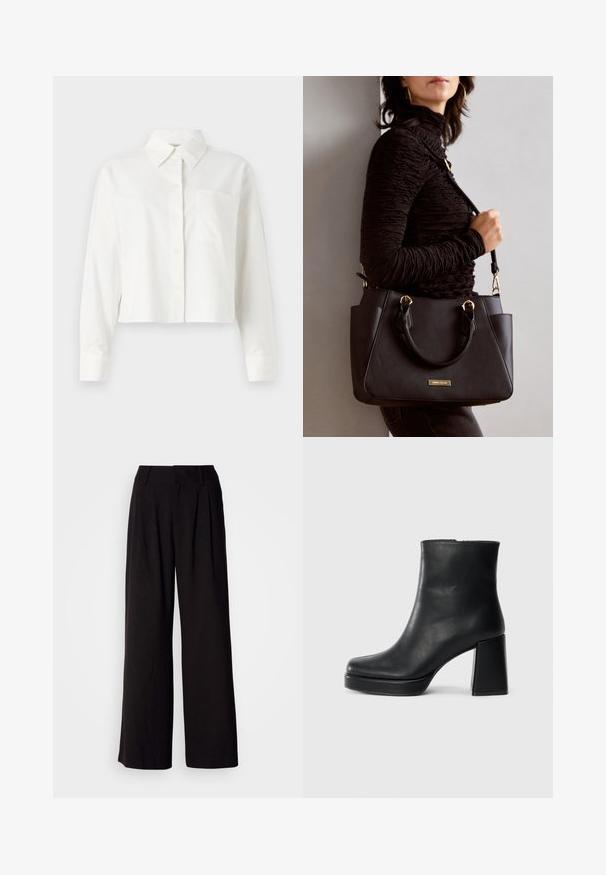 Avskåret hvit skjorte med knapper laget av bomull. Har lange ermer, spiss krage og en enkelt brystlomme.; Svart vide bukser laget av glatt stoff, med fold foran, en tettsittende midje og uten synlige mønstre eller aksenter.; Sorte skinnankelsko med blokkhæl og plattformsåle, sett fra siden på en enkel hvit bakgrunn.; Svart håndveske med teksturert overflate, doble topphåndtak og justerbar skulderrem. Har detaljer i gulltone og sidelommer.