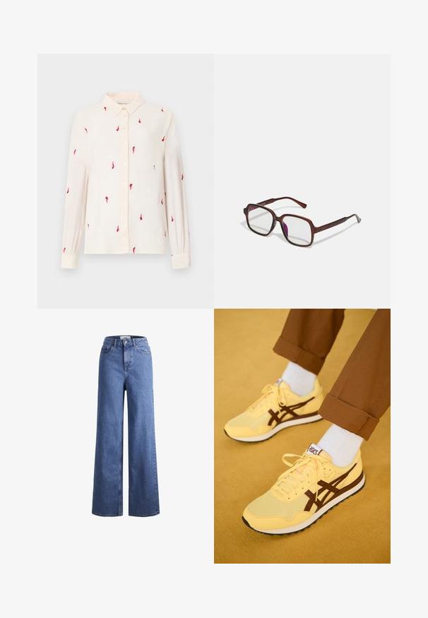 Lichtbeige longsleeve overhemd met een button-down kraag, voorzien van rode vogelborduursels overal en knoopsluitingen aan de voorkant en bij de manchetten.; Lichtblauwe denim wijde jeans met een hoge taille, twee voorzakken en zichtbare stiksels. Voorzien van een knoop- en ritssluiting.; Gele sportschoenen met bruine accenten, gemaakt van mesh en stoffen materialen, voorzien van een vetersluiting en een rubberen zool, gecombineerd met witte sokken.; Bruine, rechthoekige bril met transparante glazen en paarse tinten. Glad kunststof montuur met rechte pootjes en subtiele accenten.