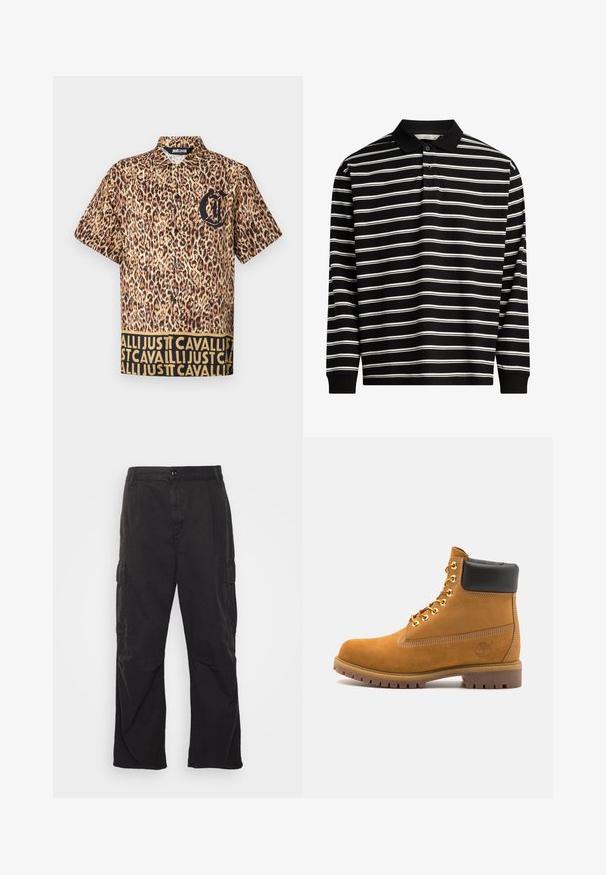 Kurzärmliges Hemd mit einem Leopardenmuster, schwarzem Logo auf der Brust und einem kontrastierenden Bund mit wiederholtem Text in Gold.; Langarm-Polohemd aus schwarzem Stoff mit weißen horizontalen Streifen, ausgestattet mit einem Kragen und einer Drei-Knopf-Leiste.; Schwarze Cargo-Hose mit geradem Bein, ausgestattet mit zwei Seitentaschen, einem Knopfverschluss und einem strukturierten Stoff.; Beige Wildleder-Ankle-Boot mit schwarzem gepolstertem Kragen, goldenen Metallösen, weißen Nähdetalben und einer robusten Gummisohle mit ausgeprägtem Profil.