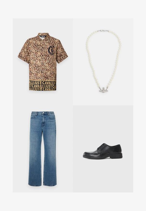 Īsām piedurkņu krekls ar leopardu rakstu, melnu logotipu uz krūšu daļas un kontrastējošu jostasvietu ar atkārtotu tekstu zeltā.; Melns īsām piedurknēm T-kreklā ar lielu baltu grafiku, kurā attēlots stilizēts orbītes un gredzena zīmējums ar krustu centrā priekšpusē.; Platās kājas zilo džinsu bikses izgatavotas no zila auduma ar izbalējušu apdari. Tām ir piecas kabatas, priekšējais pogu aizdare un taisna piegriezuma forma.; Melna ādas kleitu kurpe ar noapaļotu purngali, sērijas pievilkšanas dizains un zems blokveida papēdis. Gluda tekstūra un minimālisma profils.; Pērļu kaklarota ar sudraba toņu aizdari. Iezīmes apaļas baltas pērles un dekoratīvs centrs, izrotāts ar rhinestone.