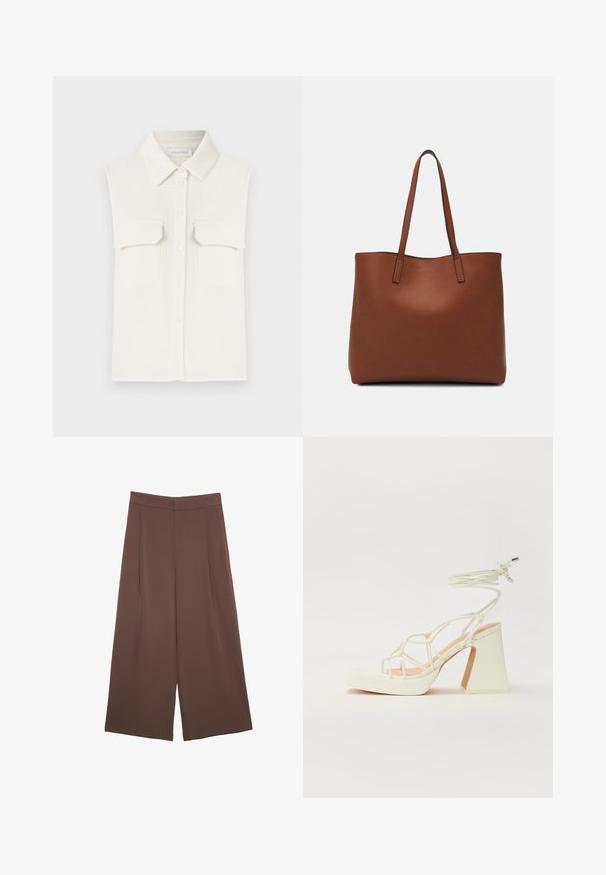 Bela brezrokavna srajca z teksturirano tkanino, gumbi na sprednji strani, ovratnik in dve žepoma na prsih.; Rjave široke hlače z gladko teksturo, ki imajo visok pas in sprednje naborke. Tkanina je lahka in prosto pada.; Bela sandala na visokih petah s debelim petam, ki ima obliko trakcev in vezanje okoli gležnja. Gladka tekstura z platformo spredaj za dodatno višino.; Rjava usnjena torba z gladko teksturo, odprto zasnovo zgoraj in dvema naramnima trakovoma. Opremljena je z minimalnim šivanjem in brez vidnih kovinskih delov.
