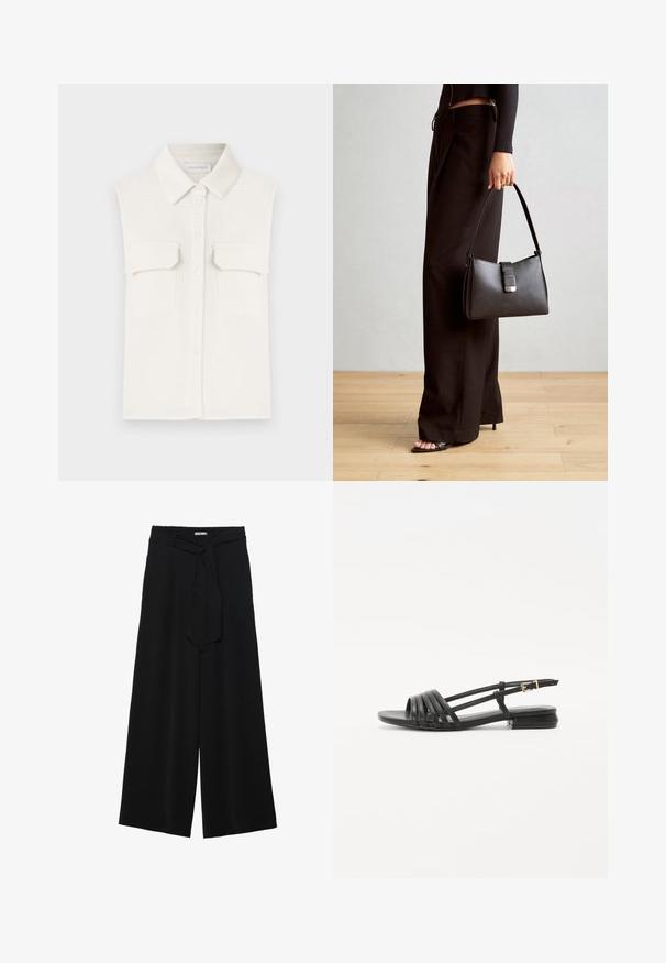 Balts bez piedurknēm krekls ar faktūru, pogām priekšpusē, apkakli un divām krūškurvja kabatām.; Melni platleņķa bikses ar teksturētu audumu, elastīgu jostu un noņemamu siksnu viduklī, kas nodrošina regulējamu piegulšanu.; Melnas plakanas sandalēs ar jostu dizainu, kas ietver vairākas ādas jostas un šauru potītes sprādzi. Zole ir plakana un taisnstūrveida.; Melnā somiņa ar strukturētu formu, gludu tekstūru un metālu sprādzi. Saskaņota ar platām melnām biksēm un sandālēm ar atvērtu purngalu uz koka grīdas.