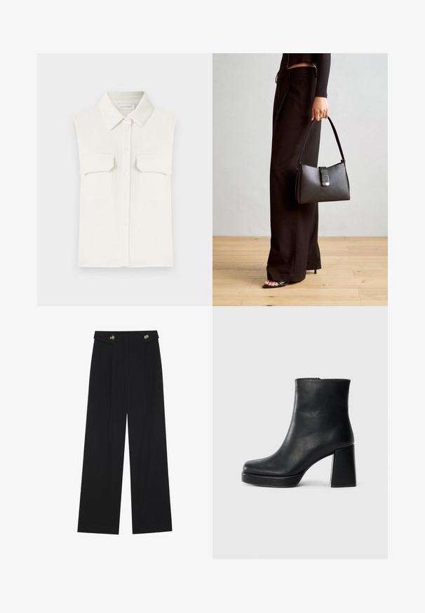 Valge, ilma varrukateta särk, millel on tekstureeritud kangas, nööbid ees, krae ja kaks rinnakotti.; Mustad laiad püksid kõrge vöökoha ja nööpdetailidega vööandil, esikortsudega.; Must musta ankle boot, milleplokk-konts ja platvormi tallaga, vaadatud küljelt ühetoonilise valge tausta peal.; Must musta kott, millel on struktureeritud kuju, sile tekstuur ja metallist klamber. Kombineeritud laiate mustade pükstega ja avatud varvaste sandaalidega puidust põrandal.