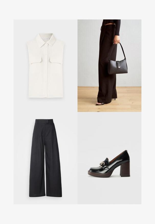 Weißes, ärmelloses Hemd aus strukturiertem Stoff, mit Knopfleiste, Kragen und zwei Brusttaschen.; Dunkle, weit geschnittene Hosen mit strukturiertem Bund und Falten. Aus leichtem Stoff gefertigt, mit glatter Textur und ohne sichtbare Muster.; Schwarze Leder-Pump mit hohem Absatz und runder Zehenpartie, dekorativer silberner Hardware, Holzblockabsatz und glatter, polierter Oberfläche.; Schwarze Handtasche mit strukturierter Form, glatter Textur und einem metallischen Verschluss. Kombiniert mit weiten schwarzen Hosen und offenen Sandalen auf einem Holzboden.