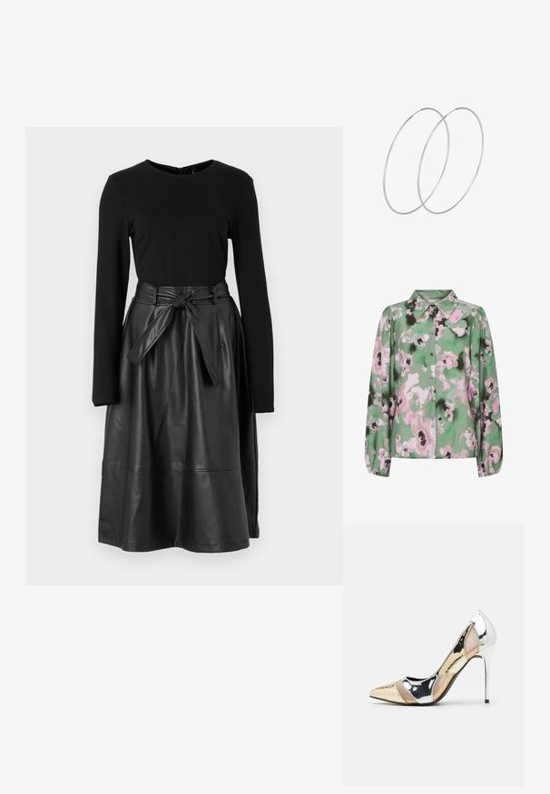 Zelená košeľa s gombíkmi, s kvetinovým vzorom v ružovej a čiernej farbe, dlhými rukávmi a klasickým golierom. Mäkký materiál s hladkou textúrou.; Čierny top s dlhými rukávmi skombinovaný s čiernou sukňou z umelej kože, ktorá má opasok na zaväzovanie a hladkú, lesklú textúru.; Lodičky s špičatou špičkou v striebornom, zlatom a telovom farebnom prevedení. Lesklý povrch s výrezovým dizajnom, s ihlovým opätkom.; Strieborná metalická taška s mäkkým, zaobleným tvarom a uzáverom s uzlíkom. Vyrobená z hladkej syntetickej kože.; Strieborné kruhové náušnice s minimalistickým dizajnom. Cirkulárny tvar, hladký povrch a tenký profil. Ľahké s lesklým povrchom.
