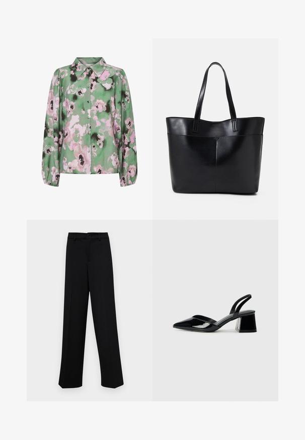 Green button-up shirt featuring a floral print in pink and black, with long sleeves and a classic collar. Soft fabric with a smooth texture.; Black wide-leg trousers made of smooth fabric, featuring a classic waistband with a button closure and front pleats.; Black patent leather slingback heels with a pointed toe and a geometric block heel. Features a sleek, minimal design and smooth texture.; Black leather tote bag with two long handles, a smooth texture, and a structured shape. Features a front pocket for additional storage.