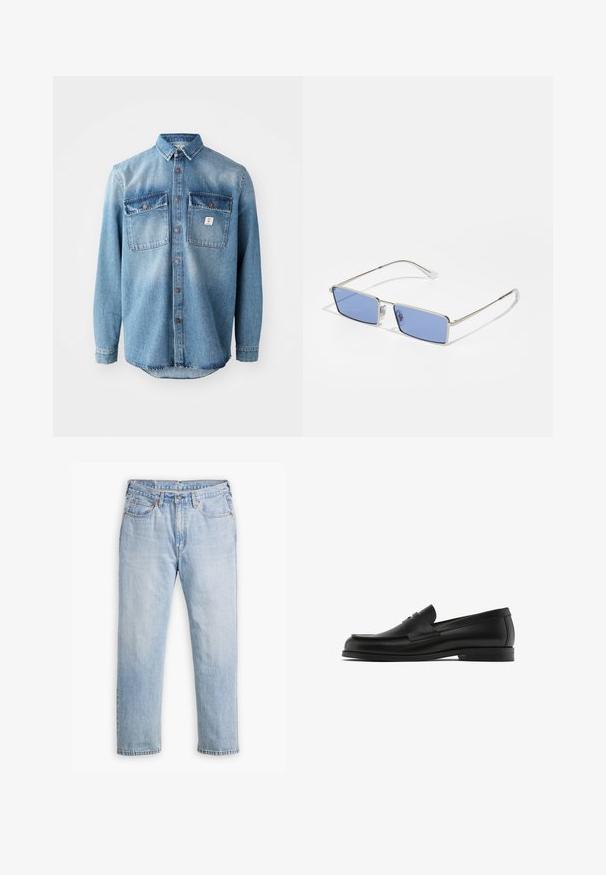Camicia di jeans azzurro chiaro con maniche lunghe, due tasche sul petto, chiusura con bottoni e tetti delle tasche di un colore più scuro in contrasto. Presenta un orlo arrotondato.; Jeans in denim blu chiaro con design a gamba dritta, stile a cinque tasche e cuciture a contrasto. Chiusura con bottone e zip in vita.; Mocassini in pelle nera con punta arrotondata, dettagli di cucitura e una fascia decorativa in pelle sulla tomaia; suola piatta in gomma.; Occhiali da sole in metallo con forma rettangolare, lenti colorate di blu e montatura argentata. Presentano naselli e gambe sottili e dritte.
