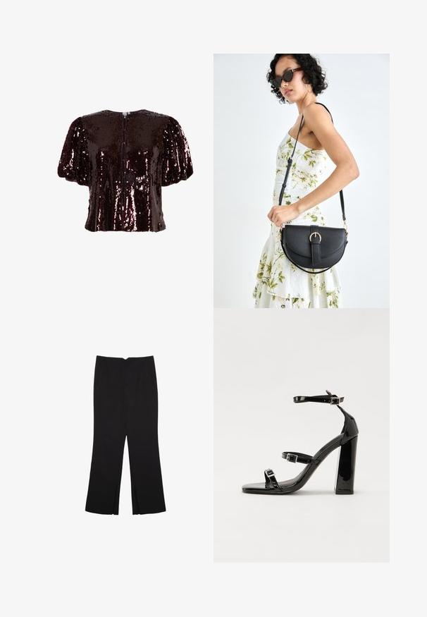 Krótka top o bordowym kolorze, pokryta cekinami, z bufkami, okrągłym dekoltem i zapięciem na guziki z tyłu. Gładka tekstura z odbijającymi światło cekinami.; Czarne spodnie o prostym kroju, z przednimi kieszeniami i bocznymi rozcięciami na dole. Wykonane z miękkiego, gładkiego materiału. Odpowiednie na różne okazje.; Czarne lakierowane sandały na obcasie z kwadratowym noskiem, z paskami wokół kostki i srebrnymi klamrami. Posiadają masywny słupek dla stabilności.; Czarna skórzana torebka o zakrzywionym kształcie, z odpinanym paskiem i złotymi akcentami. Torebka posiada klapę z zapięciem w kształcie klamry.
