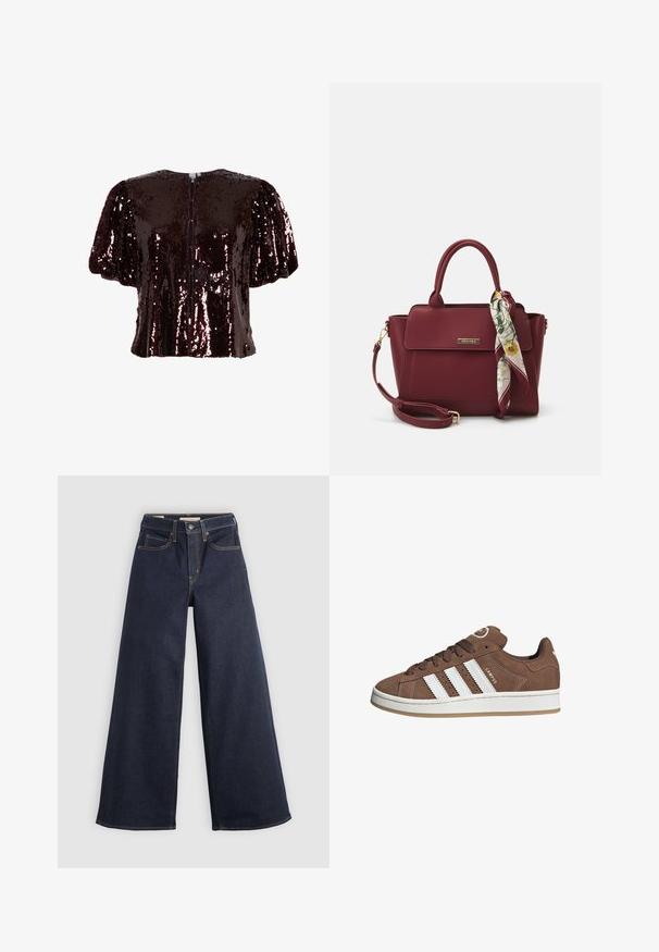 Kurzes bordeauxfarbenes Top mit Pailletten, Puffärmeln, runder Halslinie und Knopfschluss auf der Rückseite. Glatte Textur mit reflektierenden Pailletten.; Helle-bein Jeans aus Denim in Dunkelblau mit Kontrastnähten. Mit traditionellem Fünf-Taschen-Design und einem Knopfverschluss an der Taille.; Braune Wildledersneaker mit weißen Lederstreifen, Gummisohle, gerundetem Zehenbereich und Schnürung. Mit einem Logo auf der Zunge und perforierten Akzenten.; Burgunderfarbene Handtasche aus synthetischem Material mit strukturiertem Design, ausgestattet mit einem abnehmbaren Trageriemen und einem blumenmusternden Schal, der am Griff gebunden ist.