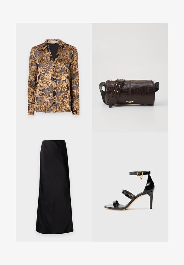 Alice + Olivia ELOISE - Hemdbluse - spring/black; Norma Kamali BIAS OBIE SKIRT - Maxirock - black; Schwarze Lackleder-Sandale mit drei Riemen, Knöchelriemen und 10 cm hohen Stiletto-Absatz. Verfügt über goldfarbene Hardware-Details und ein Logo-Charm.; Braune, krokodilgeprägte Lederhandtasche mit zylindrischer Form, goldfarbener Hardware und einem abnehmbaren Tragegurt mit Nieten.