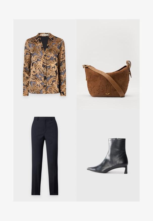 Alice + Olivia ELOISE - Hemdbluse - spring/black; Marineblaue Tailored-Hosen mit geradem Schnitt, ausgestattet mit glattem Material, zwei frontalen Taschen und einem schlichten Bund.; Schwarze Lederstiefelette mit spitzer Zehe und schlankem Design. Verfügt über einen niedrigen Absatz und einen Reißverschluss hinten. Glatte Textur.; Braune Wildleder-Schultertasche mit geprägtem floralen Design, ergänzt durch einen glatten braunen Ledertrageriemen und goldfarbenen Hardware-Akzenten.