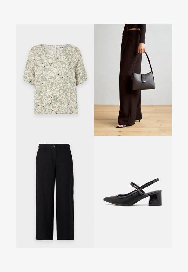 Lühikeste varrukatega pluus helesinisest kangast valgete lillemotiivide ja mustade aktsentidega. V-kaelus väikese auguga detailiga seljaosas.; Mustad laiad püksid on valmistatud kergest kangast, neil on ees nööp üksindus ja vöökohakuud. Sile tekstuur ilma nähtavate mustriteta.; Mustad läikivad nahast slingback-kõrged kontsad, millel on terav nina, ümar lõikekujundus ja blokknina. Omab kuldset nupu aktsenti.; Must musta kott, millel on struktureeritud kuju, sile tekstuur ja metallist klamber. Kombineeritud laiate mustade pükstega ja avatud varvaste sandaalidega puidust põrandal.