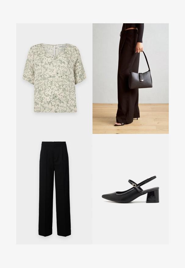 Rövid ujjú blúz világoszöld anyagból, fehér virágmintákkal és fekete kiegészítőkkel. V kivágású nyakkivágás hátul apró kulcslyuk részlettel.; Fekete, bő szárú nadrág sima felülettel, lapos elülső résszel, pliszékkel és szabott derékkal. Nincs látható hardver vagy minta.; Fekete lakk bőr, pántos magassarkú cipő, hegyes orral, lekerekített kivágással és tömbsarkal. Arany színű csat díszíti.; Fekete kézi táska strukturált formával, sima textúrával és fémből készült záródással. Széles fekete nadrággal és nyitott orrú szandállal párosítva, fából készült padlón.