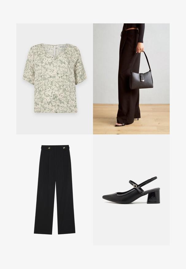 Kortermet bluse i lysegrønn stoff med hvite blomster mønster og svarte detaljer. V-hals med en liten nykelhulldetalj bak.; Svart vide bukser med høy midje, knappdetaljer på midjebåndet og frontplisser.; Sorte lakk lær slingback hæler med spiss tå, et avrundet utskjæringsdesign og blokkheel. Har en gulltone spenne som detalj.; Svart håndveske med strukturert form, jevn tekstur og metallisk lås. Kombinert med brede svarte bukser og sandaler med åpen tå på tregulv.