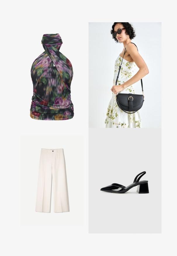 Večbarven top s halterskim ovratnikom z abstraktnim cvetličnim vzorcem, izdelan iz lahkotnega materiala. Ima drapirane detajle in prilega obliko.; Kremne široke hlače s krojem, ki vključujejo dve sprednji žepi in en sprednji gumb za zapiranje, izdelane iz gladkega blaga.; Črne lakirane slingback pete s koničastim nosom in geometrijsko blokasto peto. Imajo eleganten, minimalističen dizajn in gladko teksturo.; Črna usnjena torbica s ukrivljeno obliko, z odstranljivo naramnico in zlatimi dodatki. Torbica ima pokrov s podrobnostmi v obliki zaponke.