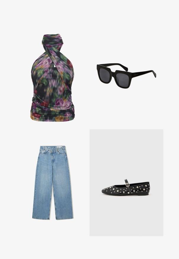 Večbarven top s halterskim ovratnikom z abstraktnim cvetličnim vzorcem, izdelan iz lahkotnega materiala. Ima drapirane detajle in prilega obliko.; Svetlo modri široki kavbojki iz denima, ki imajo visok pas, pet žepov, zapiranje na gumb in subtilno zbledelost za teksturo.; Črne usnjene balerinke s koničastim nosom, okrašene s srebrnimi žebljički in stransko zaponko. Teksturirana površina z ravnim podplatom.; Črne pravokotne sončna očala z debelimi plastičnimi okvirji in temnimi lečami. Ročaji so elegantni s sijočo površino in minimalnim blagovnim znakom.; Črna usnjena torba za rame s pletenim vzorcem in ohlapno obliko ter širokim naramnim trakom. Ima teksturiran, prepleten dizajn s gladkim zaključkom.