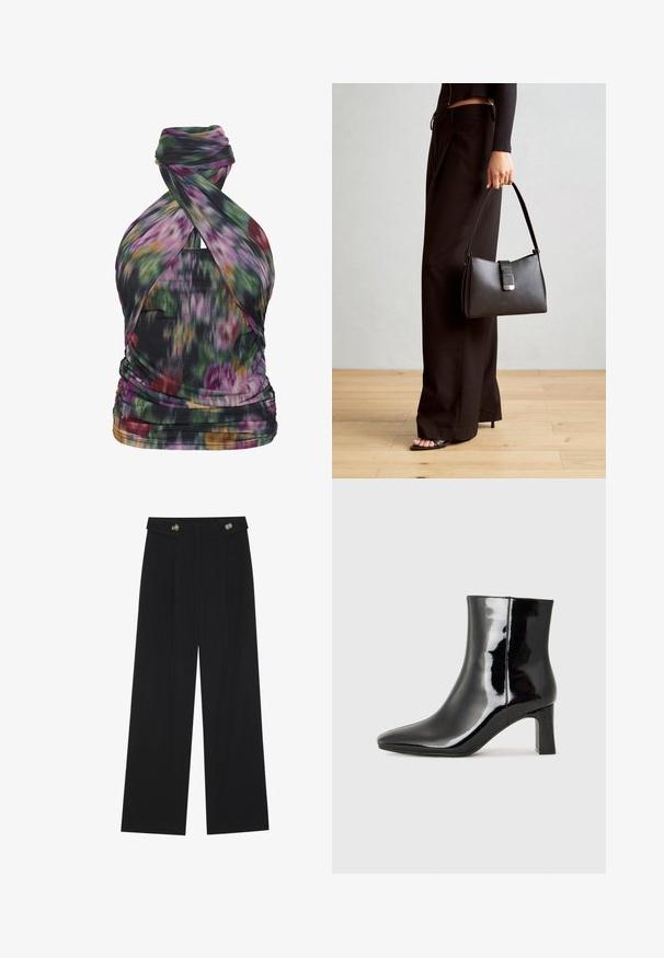 Mitmevärviline halterneck top, millel on abstraktne lillemuster, valmistatud kergest kangast. Omab voolavaid detaile ja sobivat siluetti.; Mustad laiad püksid kõrge vöökoha ja nööpdetailidega vööandil, esikortsudega.; Must-sinine nahkjalats musta läikiva viimistlusega, millel on terav nina ja keskmise kõrgusega plokk konts. Sile tekstuur ja minimalistik disain.; Must musta kott, millel on struktureeritud kuju, sile tekstuur ja metallist klamber. Kombineeritud laiate mustade pükstega ja avatud varvaste sandaalidega puidust põrandal.