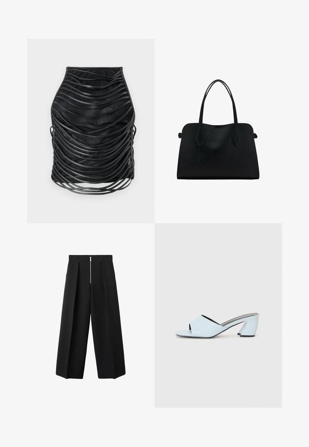 Sort nederdel med lagdelt design, der har parallelle teksturerede striber, en tætsiddende silhuet og en glat finish. Velegnet til forskellige lejligheder.; Sorte brede bukser med frontfolder og en synlig sølvfarvet lynlås lukning i taljen, flad front og sidelommer.; Lyseblå åbne tå hæle mules med et geometrisk design, der har en bred rem over foden og en kraftig, vinkelret hæl.; Sort læderhåndtaske med dobbelte skulderremme, rektangulær form og minimalistisk design på en hvid baggrund.
