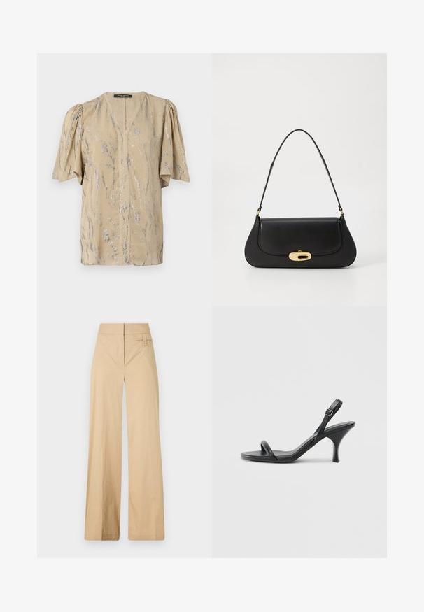 Beige top with short, puffed sleeves, featuring a V-neckline and a shimmering silver wave pattern throughout, made from lightweight material.; Beige wide-leg pants made of cotton blend fabric. Features a smooth texture, elastic waistband, and a side button detail.; Black leather high-heeled sandals with a slim, curved heel and a crossed strap design. Adjustable ankle strap. Smooth texture.; Black leather handbag with a curved design, gold-tone hardware, and a top handle. Features a sleek closure and smooth texture.