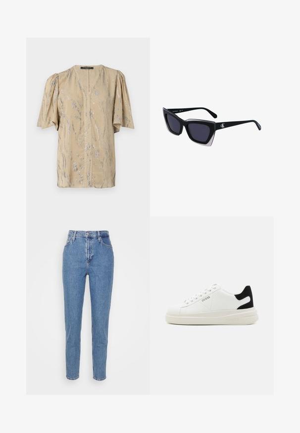 Krémový top s krátkými, nabíranými rukávy, se V- výstřihem a třpytivým stříbrným vlnitým vzorem po celém povrchu, vyrobený z lehkého materiálu.; Modré vysoké džíny s rovným střihem, s předním knoflíkem a zipem, poutky na opasek a kapsami, vystavené na jednoduchém bílém pozadí.; Bílé kožené tenisky s tlustou bílou podrážkou, černým semišovým akcentem na patě a vyraženým logem na boku. Šněrovací design se šesti očka.; Černé oversized sluneční brýle geometrického tvaru, s tmavými skly a kontrastním šedým detailem na rámu. Logo na rameni.; Stříbrné kovové náušnice s hladkým tvarem slzy a lesklým povrchem. Jemné rytiny přidávají detail. Minimalistický design.