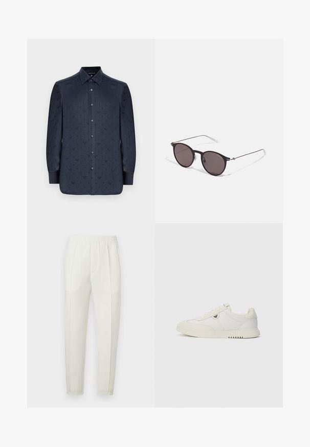 Camisa azul marinho de botões, com mangas longas, apresentando um padrão texturizado de pequenas formas em V por toda a peça, feita de um tecido suave.; Calças brancas de corte slim com cintura elástica, apresentando dois bolsos laterais e uma textura suave e ligeiramente brilhante.; Sapatilha branca de cano baixo com fecho de atacadores, sola lisa e pequeno logótipo metálico na lateral, mostrada em fundo simples.; Óculos de sol redondos pretos com lentes escuras e hastes metálicas finas. Inclui pontas de templo transparentes e detalhes em prata na dobradiça. Design minimalista.