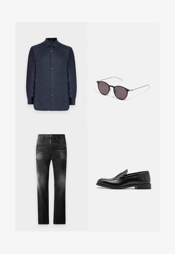 Temno modra srajca s dolgimi rokavi in gumbi, ki prikazuje teksturiran vzorec majhnih V oblik po celotni srajci, izdelana iz gladkega materiala.; Črne jeans hlače s ravnim krojem. Imajo zbledela mesta, manjše obrabe, klasičen petnajstni žepni dizajn in gumbasto zapiranje.; Črne usnjene loafer čevlje z gladko teksturo, zaobljenim nosom in dekorativnim trakom čez zgornji del. Nizka zložena peta, minimalističen dizajn.; Črne okrogla sončna očala s temnimi lečami in tankimi kovinskimi ročaji. Vključujejo prosojne konec ročajev in srebrne poudarke na tečaju. Minimalističen dizajn.