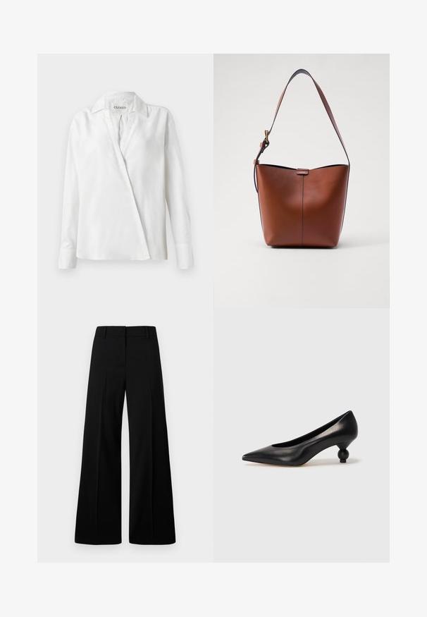White long-sleeve shirt made of smooth fabric, featuring a collared neckline and a diagonal front closure with a slightly loose fit.; Black wide-leg trousers featuring a smooth texture, structured waistband, and front pleats. Minimalist design with no visible hardware.; Black leather high heel shoe with a pointed toe and a round, balled heel. Smooth texture with a sleek, minimal design.; Brown leather shoulder bag with a curved shape, smooth texture, and a single thin strap. Features a subtle seam and a small logo detail.