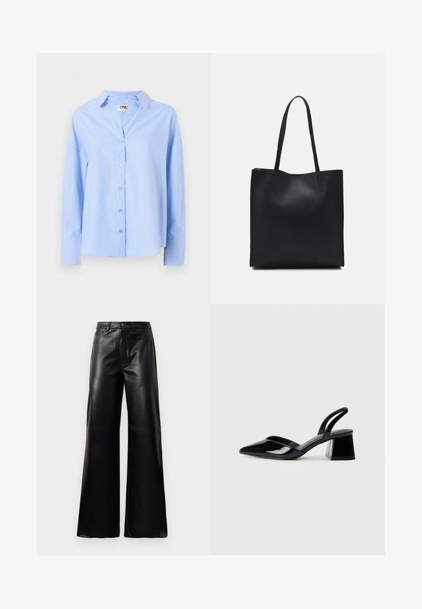 Light blue button-up shirt made of smooth fabric, featuring a collar, long sleeves, and a relaxed fit with six buttons down the front.; Black high-waist wide-leg faux leather pants with front button, zip closure, belt loops, and side pockets on white background.; Black patent leather slingback heels with a pointed toe and a geometric block heel. Features a sleek, minimal design and smooth texture.; Black leather tote bag with smooth texture, rectangular shape, and two long handles. No visible hardware or embellishments.