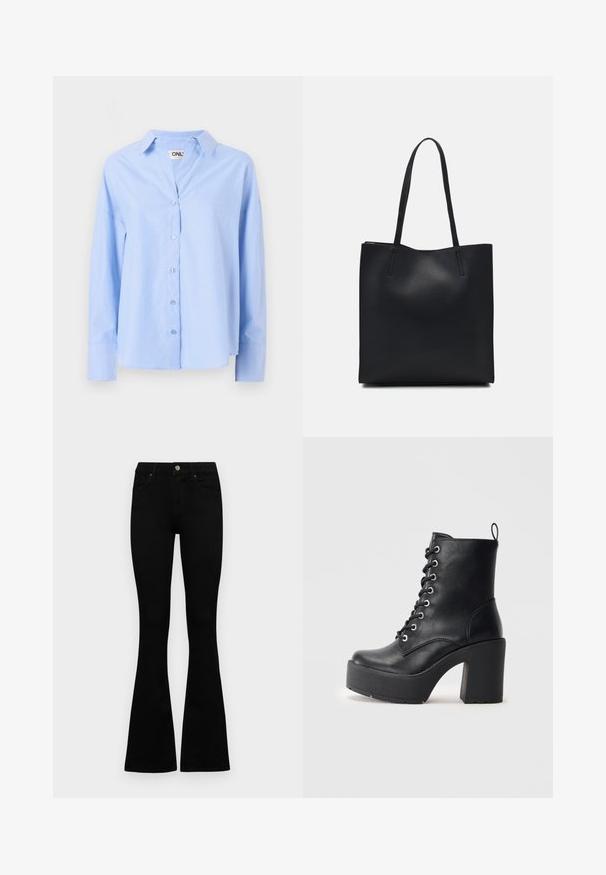 Šviesiai mėlynas mygtukų marškinis, pagamintas iš lygaus audinio, turintis apykaklę, ilgas rankoves ir laisvą siluetą su šešiais mygtukais priekyje.; Juodos aukšto liemens džinsai su mygtuku ir užtrauktuku, priekinėmis kišenėmis ir platėjančiomis kojomis, išdėstyti ant baltos fono.; Juodas odinis kulkšninis botas su masyviu padu, raišteliais priekyje ir tekstūruota paviršiumi. Ant jo užpakalinės pusės yra kilpytė, skirta patogiam užsidėjimui.; Juodas odinis tote krepšys su lygia tekstūra, stačiakampio formos ir dviem ilgais rankenomis. Matomų metalinių detalių ar puošybos nėra.