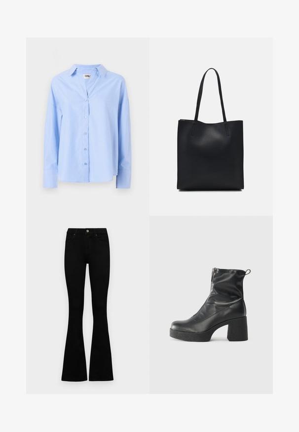 Helleblaue Hemd aus glattem Stoff, mit Kragen, langen Ärmeln und einem lockeren Schnitt, der sechs Knöpfe vorne hat.; Schwarze hochtaillierte Jeans mit einem Knopf- und Reißverschluss, Fronttaschen und ausgestellten Beinen, flach auf einem weißen Hintergrund ausgelegt.; Schwarze Stiefeletten aus glattem Leder mit seitlichem Reißverschluss, klobigem strukturiertem Absatz und runder Zehenform.; Schwarze Laptoptasche aus Leder mit glatter Textur, rechteckiger Form und zwei langen Griffen. Keine sichtbaren Beschläge oder Verzierungen.