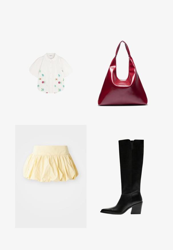 Valkoinen lyhythihainen paita puffipolvilla, jossa on värikkäitä kukkakuvioita punaisena, vihreänä, sinisenä ja vaaleanpunaisena. Napitetaan edestä.; Keltainen puuvillahame, jossa on runsas, kerätty muotoilu ja leveä vyötärö. Sileä pinta ja kevyt kangas luovat rentoa ilmettä.; Mustat polvimittaiset saappaat, jotka on valmistettu sileästä nahasta. Saappaissa on terävä kärki, tukevat korko ja V-muotoinen leikkaus ylhäällä.; Punainen kiiltävä nahkakäsilaukku, jossa on kolmiomainen muoto, leveä yläaukko ja yksi kaareva kahva. Tasainen pinta, jossa on minimaalinen ommeltyyli.