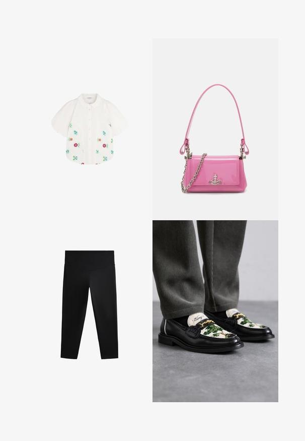 Witte blouse met korte mouwen en opgeblazen schouders, voorzien van kleurrijke bloemenborduursels in rood, groen, blauw en roze. Met knoopsluiting aan de voorkant.; Zwarte sportleggings met een hoge tailleband, een soepele stof en een aansluitende pasvorm, ontworpen voor bewegingsgemak en comfort.; Zwarte lederen instappers met een decoratieve groene en witte textielen bovenkant. Voorzien van een gouden kettingaccent en een gestructureerde zwarte zool.; Roze gepatineerde lederen handtas met een rechthoekige vorm, afneembare kettingriem en zilveren hardware detail aan de voorkant.