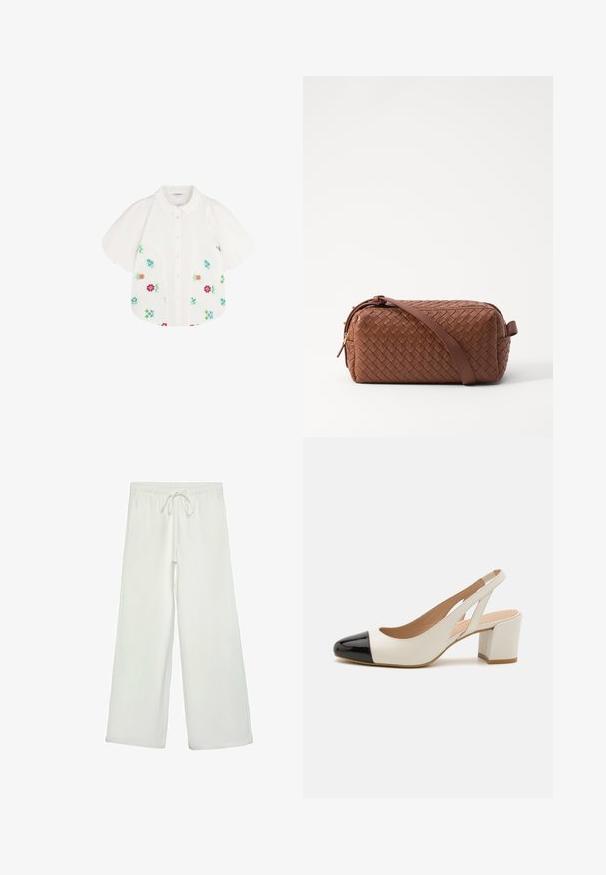 White short-sleeve blouse with puffed shoulders, featuring colorful floral embroidery in red, green, blue, and pink. Button-down front.; White wide-leg pants made of soft fabric. Features an elastic waistband with a drawstring and a smooth texture. No visible patterns or hardware.; White leather slingback shoe with a black patent leather pointed toe. Features a block heel and cut-out design on the sides.; Brown woven leather bag with a rectangular shape, smooth texture, zip closure, and a shoulder strap. Features side handle and gold accents.; Gold rectangular wristwatch with a minimalist design, featuring a cream dial, gold hands, and a metal link bracelet. Markings include brand name.