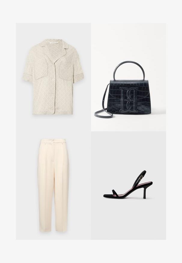 Short-sleeve button-up shirt in light beige with a diamond pattern, two chest pockets, and a notched collar. Smooth fabric texture.; Beige tailored trousers with a straight fit, featuring pleats at the front, a smooth texture, and a mid-rise waist. No visible pockets.; Black suede women's high-heeled sandal with slim straps and a gold buckle on a white background, side view.; Black crocodile-embossed leather handbag with a structured design, top handle, adjustable strap, and a prominent front logo detail.
