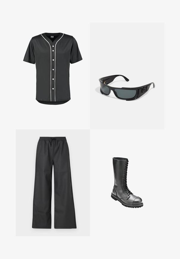 Black short-sleeve baseball jersey made of smooth fabric. Features white buttons and contrasting white piping along the front and collar.; Han Kjøbenhavn RELAXED TRACK TROUSERS - Trousers - black; Black leather lace-up combat boots with a high shaft, round toe, padded collar, and textured rubber sole for enhanced grip.; Sunglasses with black plastic frame, gray lenses, wraparound design, side accents, and a logo detail on the temple.