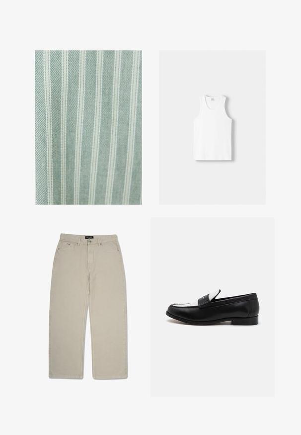 Lichtgroene stof met dunne witte verticale strepen. Heeft een gladde textuur en subtiele glans, geschikt voor verschillende textieltoepassingen.; Witte katoenen tanktop met een ronde halslijn, brede schouderbanden en een rechte zoom, met een gladde textuur en zonder zichtbare patronen.; Beige, rechte broek van katoen. Voorzien van twee zakken aan de voorkant en een klein achterzakje. Dubbel gestikte naden verhogen de duurzaamheid.; Zwarte lederen loafers met een contrasterend wit leren paneel en stiksels. Voorzien van een gladde afwerking en een lage hak.