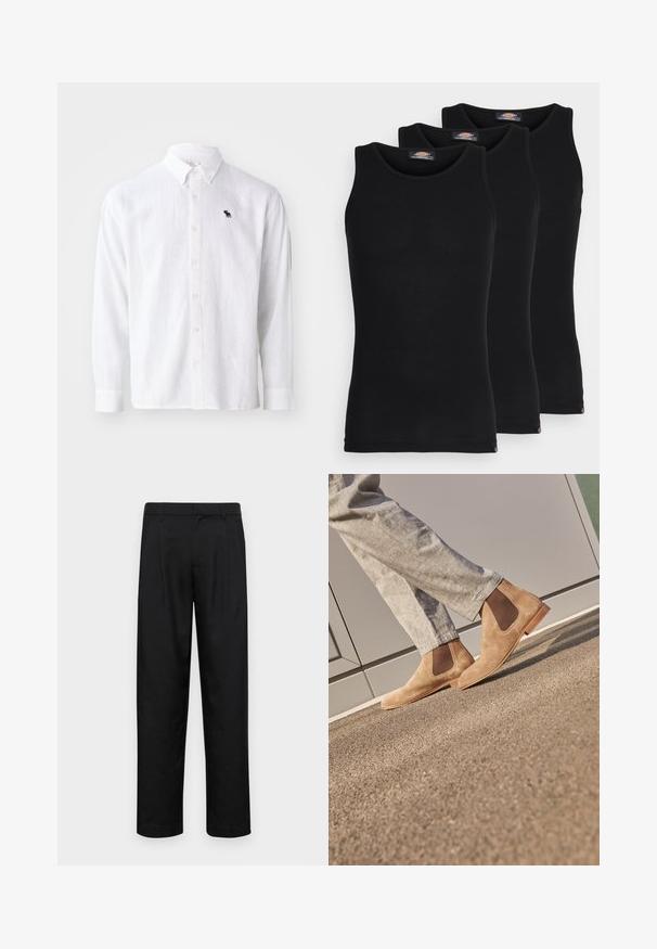 Weißes Leinen-Hemd mit langen Ärmeln und Button-Down-Kragen, mit kleinem maritimen Logo in Navy. Weicher Stoff und entspannte Passform mit Knopfverschlüssen.; Schwarze Tanktops im Dreierpack. Gerippte Textur, klassischer Rundhalsausschnitt, ohne Ärmel. Der Saum hat am unteren Ende ein kleines Markenlogo.; Schwarze Hose aus glattem Stoff, mit geradem Bein Design, zwei vorderen Falten und einem Standardbund mit Gürtelschlaufen.; Braune Wildleder Chelsea Boots mit elastischen Seitenpaneelen und einer glatten, tanfarbenen Gummisohle, kombiniert mit hellgrauen Hosen auf einer strukturierten Oberfläche.
