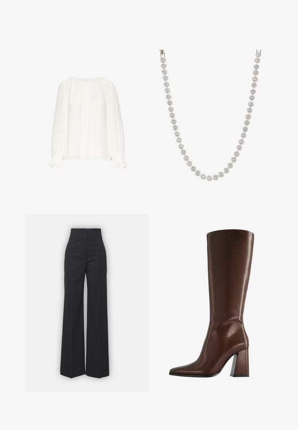 Blouse blanche en tissu léger, avec des manches longues plissées et un col froncé. Les poignets présentent un design volanté pour plus de détails.; Pantalons à jambes larges en tissu noir avec une taille haute, présentant une finition soignée et une texture lisse. Pas de matériel ou de motifs visibles.; Botte en cuir marron montant jusqu'au genou, avec un bout pointu et un talon épais et transparent. Texture lisse avec un minimum de détails.; Collier en argent avec des pierres précieuses rondes et transparentes, disposées en motif circulaire, alternant avec des accents métalliques décoratifs, texture lisse.